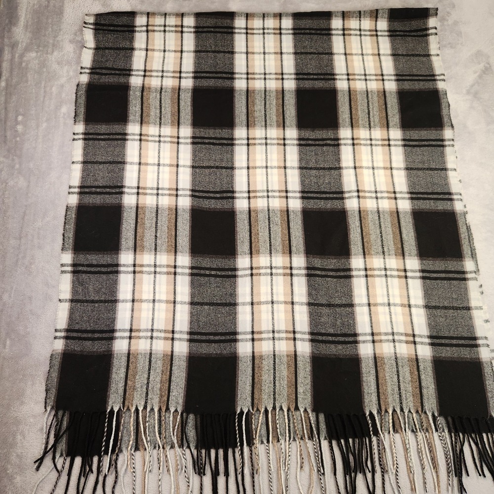 NINE WEST Black White Tan Plaid Oversized Scarf Wrap Shawl Fringe Metallic